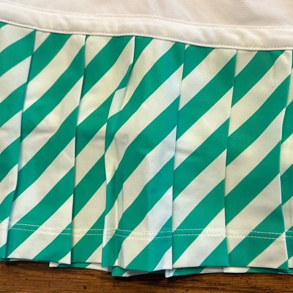 FlirTee Asymmetrical Pleated Golf Skirt White/Envy Green Stripes - Picture 5 of 16